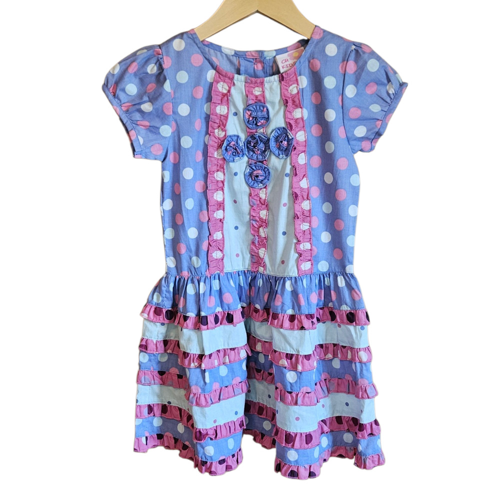 NWOT CR Kids Girls Blue Pink Polka Dot Tiered Ruffle Dress Rosette Bib Detail 5T